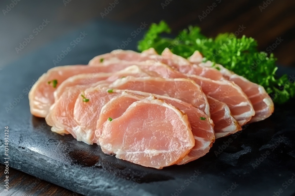 Raw sliced chicken boneless breast meat on black cutting board - genrateive ai Raw sliced chicken boneless breast meat on black cutting board - genrateive ai