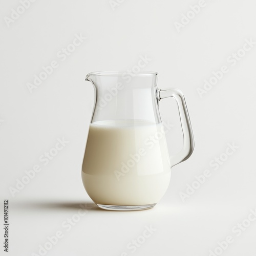 Clear Glass Pitcher with Fresh Milk on White Background