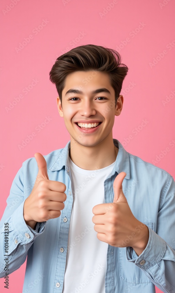Young man, big smile, thumbs up gesture, pastel studio background Young man, big smile, thumbs up gesture, pastel studio background