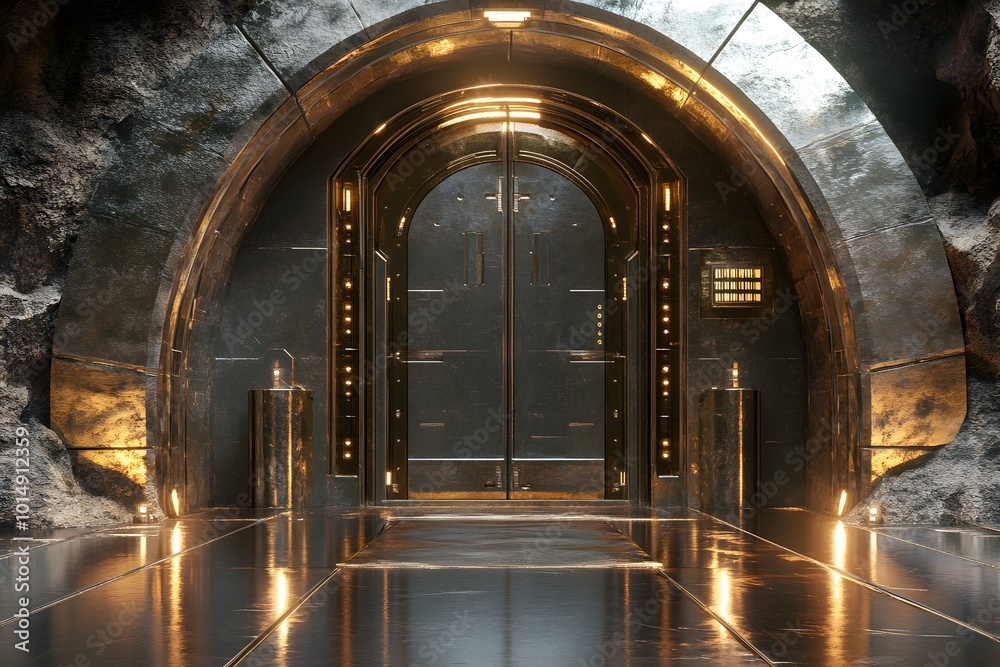 Naklejka premium Modern metallic entrance with elegant design and glowing lights