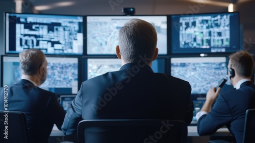 Men Monitoring Multiple Screens in Control Room