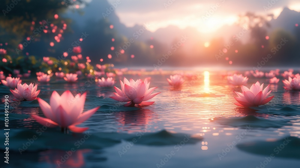 Tranquil lotus pond at sunrise, viewed from a low angle, emphasizing the beauty and calmness of the water and flowers Tranquil lotus pond at sunrise, viewed from a low angle, emphasizing the beauty and calmness of the water and flowers