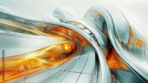 Futuristic abstract digital art rendering with flowing metallic shapes and orange highlights, used for modern design, creativity, and technology presentations