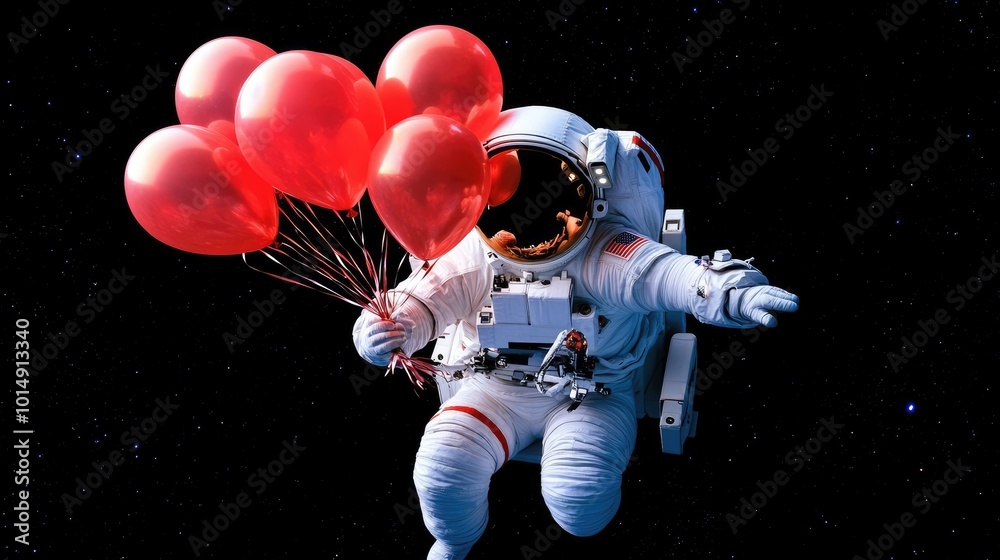 Fototapeta premium Astronaut Floating with Red Balloons in Space