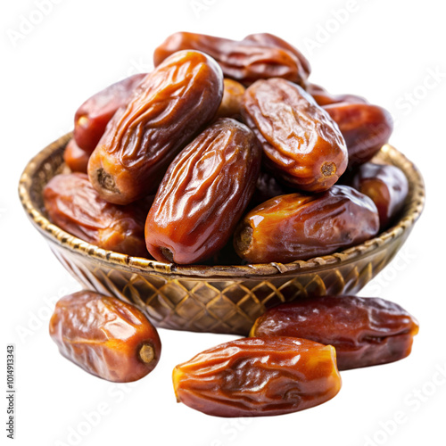 Packaging dates fruits in wooden bowl isolated on transparent background