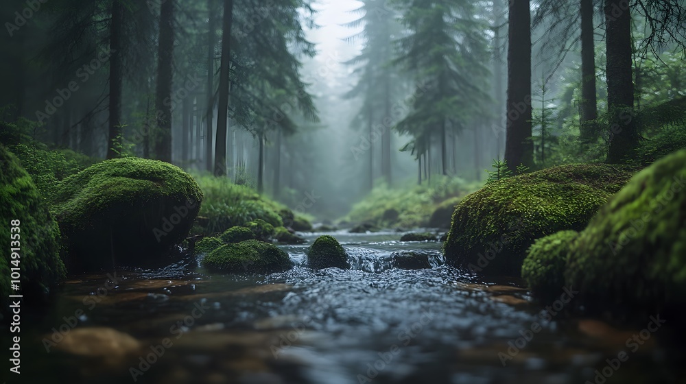 Obraz premium A gentle stream flows through a misty forest, featuring moss-covered rocks and dappled sunlight, creating an ethereal atmosphere in a tranquil nature scene.