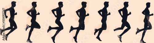 A series of seven silhouettes of a male runner in different stages of his stride.