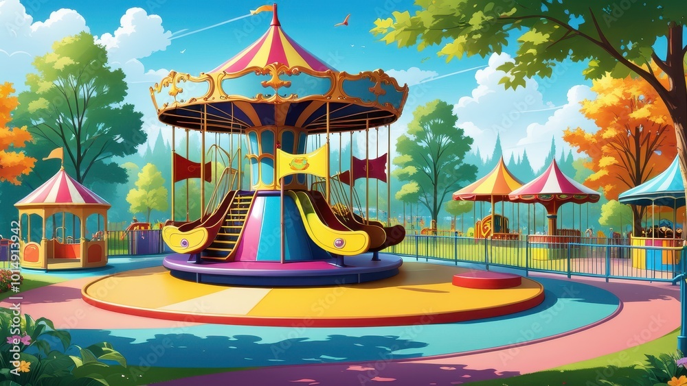 Obraz premium A colorful amusement park scene featuring a carousel and rides amidst vibrant trees.