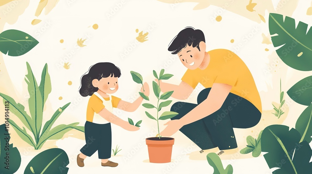 A parent and child nurturing plants together, symbolizing growth, family bonding, and the joy of gardening. A parent and child nurturing plants together, symbolizing growth, family bonding, and the joy of gardening.