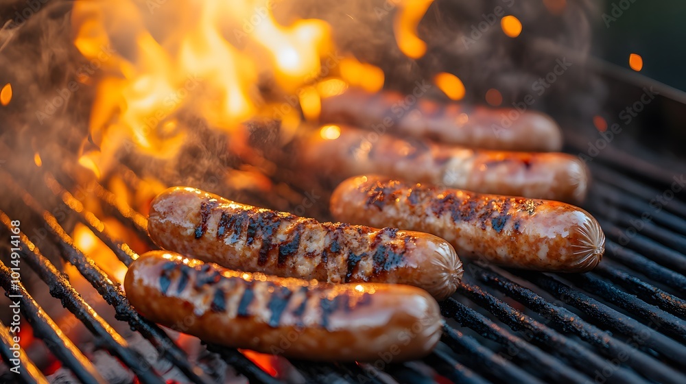 Grilled sausages sizzle on a barbecue, surrounded by bright flames and flying sparks, evoking the essence of a summer barbecue atmosphere with juicy bratwurst. Grilled sausages sizzle on a barbecue, surrounded by bright flames and flying sparks, evoking the essence of a summer barbecue atmosphere with juicy bratwurst.