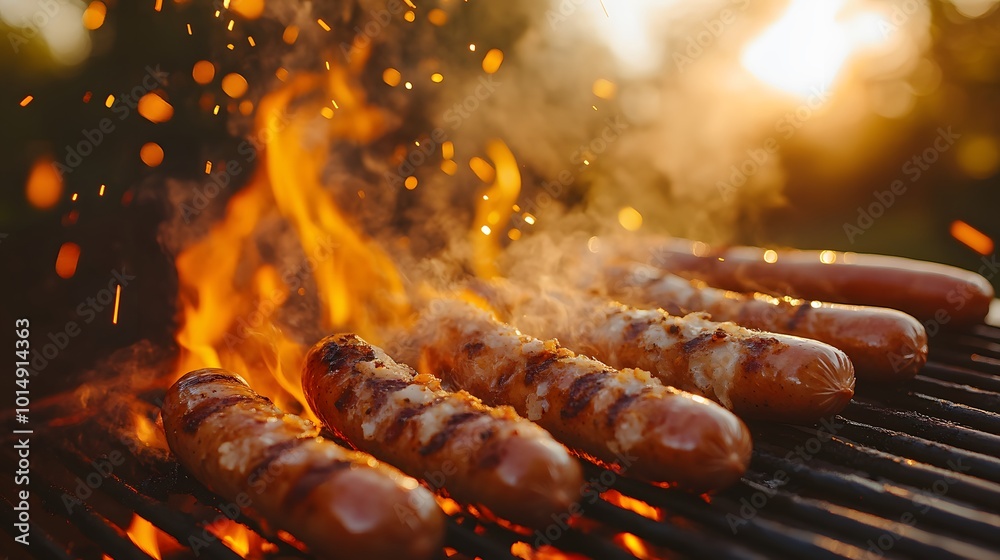 Grilled sausages sizzle on a barbecue, surrounded by bright flames and flying sparks, evoking the essence of a summer barbecue atmosphere with juicy bratwurst. Grilled sausages sizzle on a barbecue, surrounded by bright flames and flying sparks, evoking the essence of a summer barbecue atmosphere with juicy bratwurst.