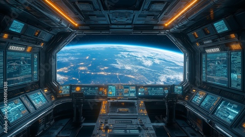 Interior view of futuristic spaceship cockpit overlooking Earth with advanced digital displays and controls, showcasing technological innovation and space exploration