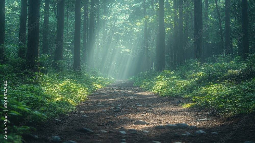 Fototapeta premium Tranquil forest path lined with tall trees, viewed from a slight elevation, emphasizing the lush greenery and dappled sunlight filtering through the leaves 