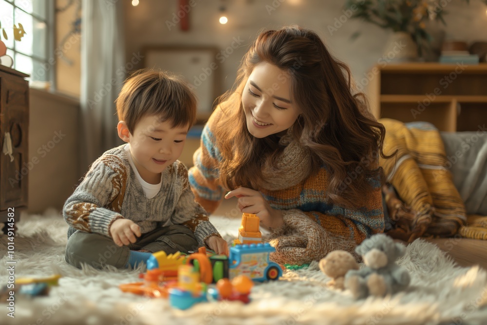 Mother and child playing with toys indoors, promoting family bonding and early childhood development, ideal for parenting blogs and educational websites Mother and child playing with toys indoors, promoting family bonding and early childhood development, ideal for parenting blogs and educational websites