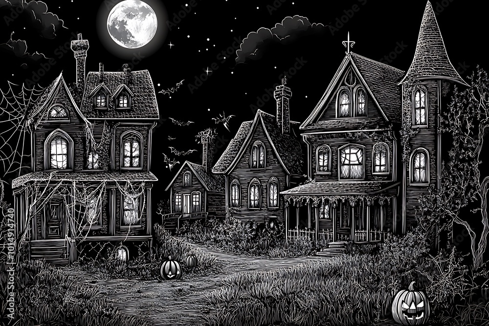 Haunted Houses on a Spooky Halloween Night