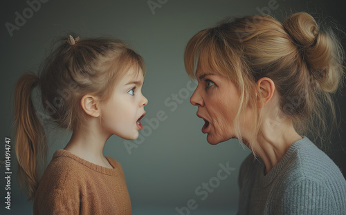Mother and daughter arguing face to face, expressing anger and frustration, concept of familial conflict and communication, use in family therapy and behavioral studies