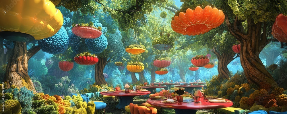 Fototapeta premium Colorful umbrellas in a forest