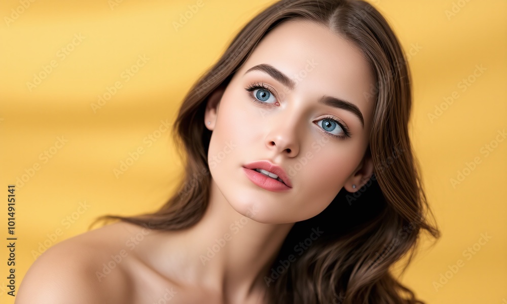 Fototapeta premium Portrait woman natural makeup contemplative expression pastel studio background