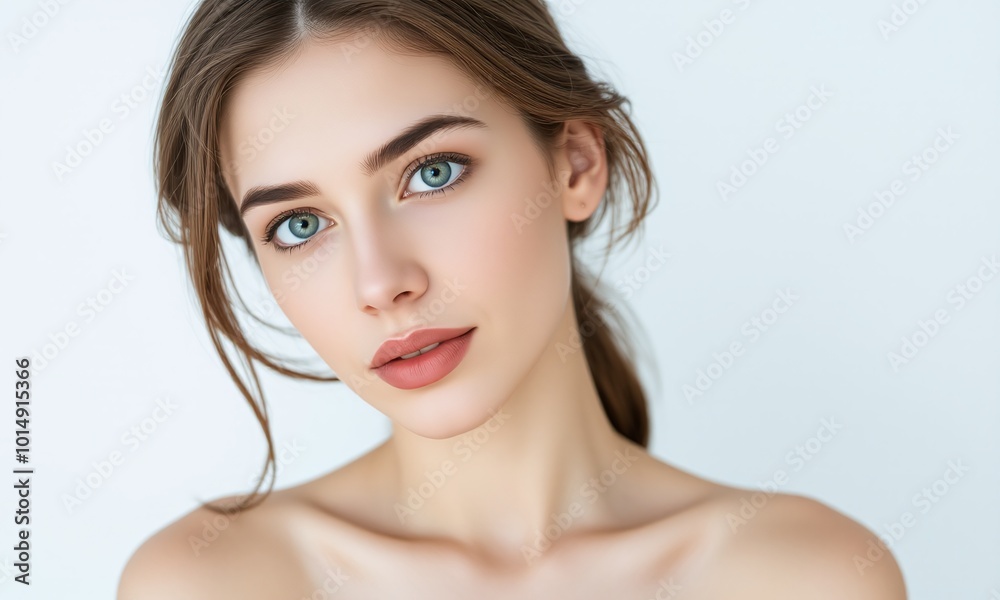 Portrait woman natural makeup contemplative expression pastel studio background Portrait woman natural makeup contemplative expression pastel studio background