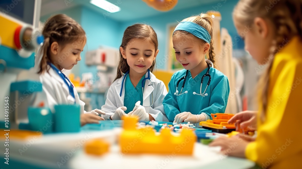 A group of children playing in a mock hospital setup, with roles as doctors, nurses, and patients, fostering an interest in healthcare professions 