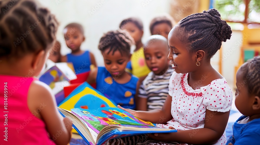 Fototapeta premium Woman reading a colorful picture book to attentive children in a bright classroom setting 