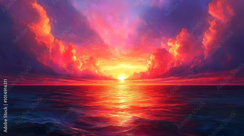 Sunset Over Ocean Horizon with Fiery Clouds Sunset Over Ocean Horizon with Fiery Clouds
