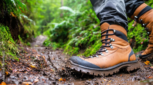 Close-up of hiking boots splashing through mud on a forest trail, showcasing outdoor adventure and rugged footwear