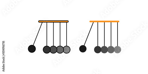 Newton cradle with balancing pendulum of silver metal balls on white background