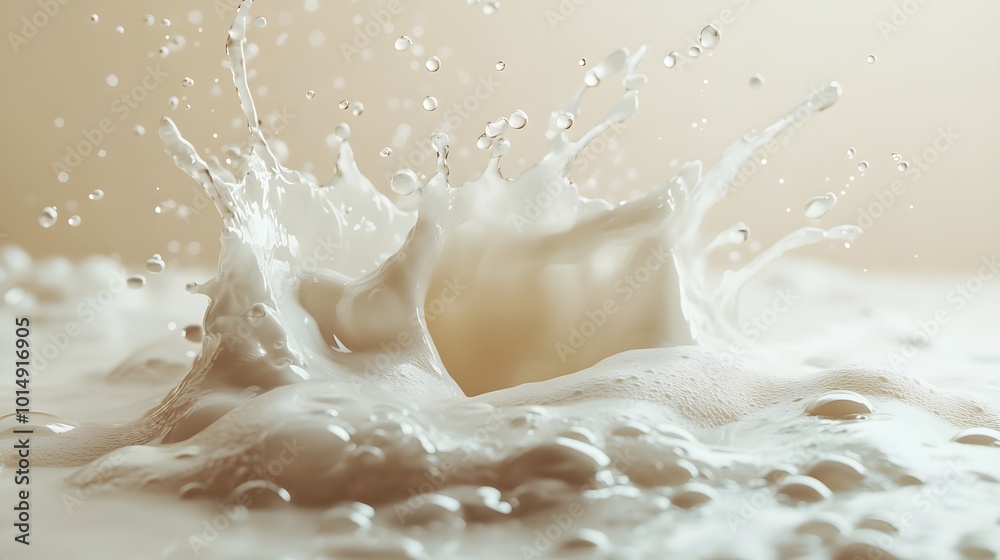 A high-speed shot of milk splashing in a glass captures creamy droplets in dynamic action, set against a soft beige background, evoking a refreshing dairy freshness. A high-speed shot of milk splashing in a glass captures creamy droplets in dynamic action, set against a soft beige background, evoking a refreshing dairy freshness.