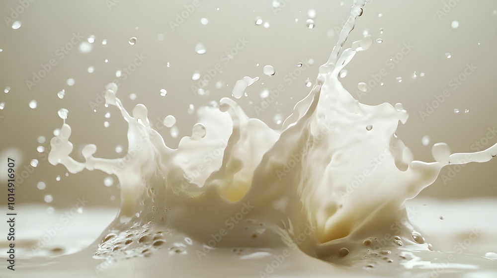 A high-speed shot of milk splashing in a glass captures creamy droplets in dynamic action, set against a soft beige background, evoking a refreshing dairy freshness. A high-speed shot of milk splashing in a glass captures creamy droplets in dynamic action, set against a soft beige background, evoking a refreshing dairy freshness.