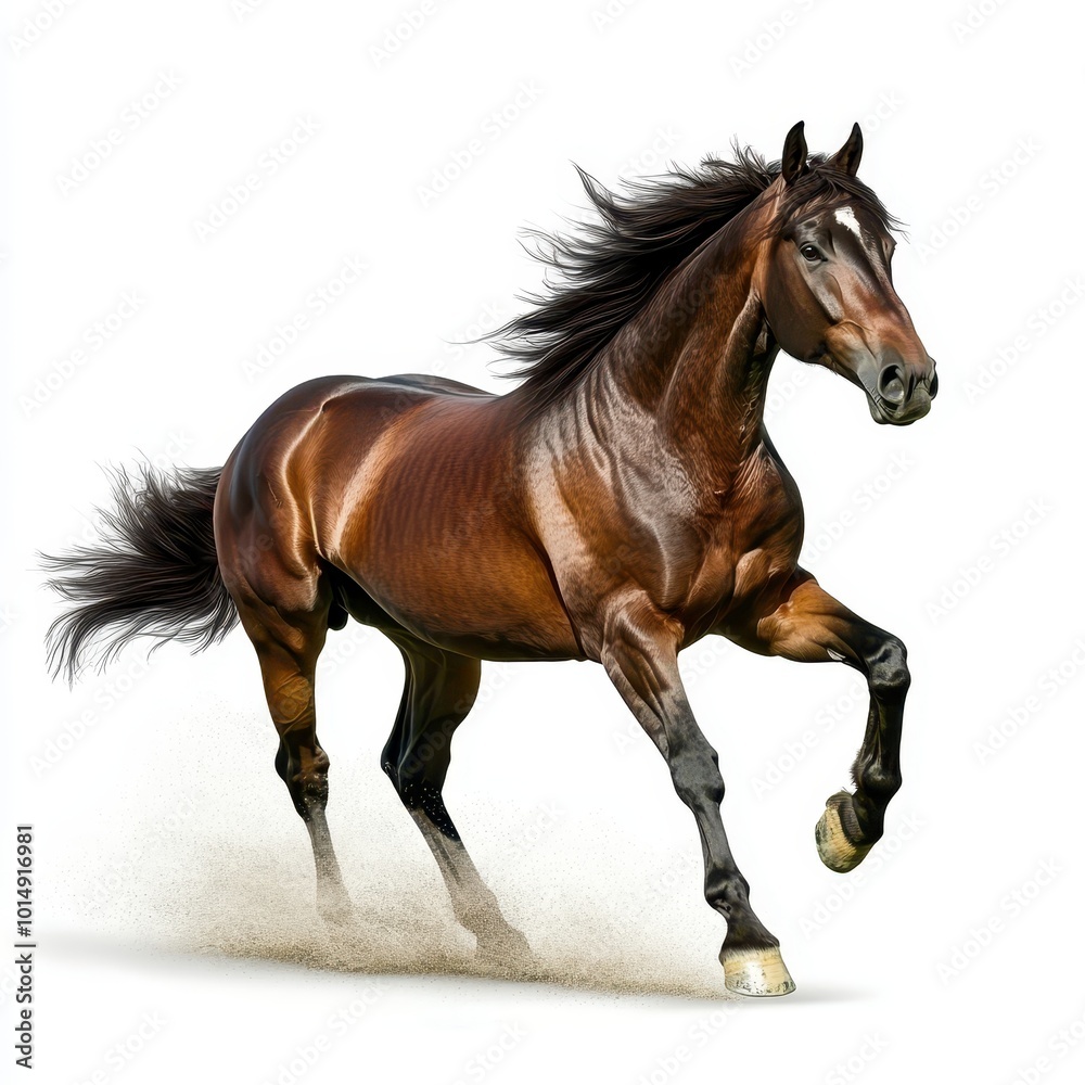 A wild horse galloping, detailed mane and muscular build, photorealistic style, isolated on white background A wild horse galloping, detailed mane and muscular build, photorealistic style, isolated on white background