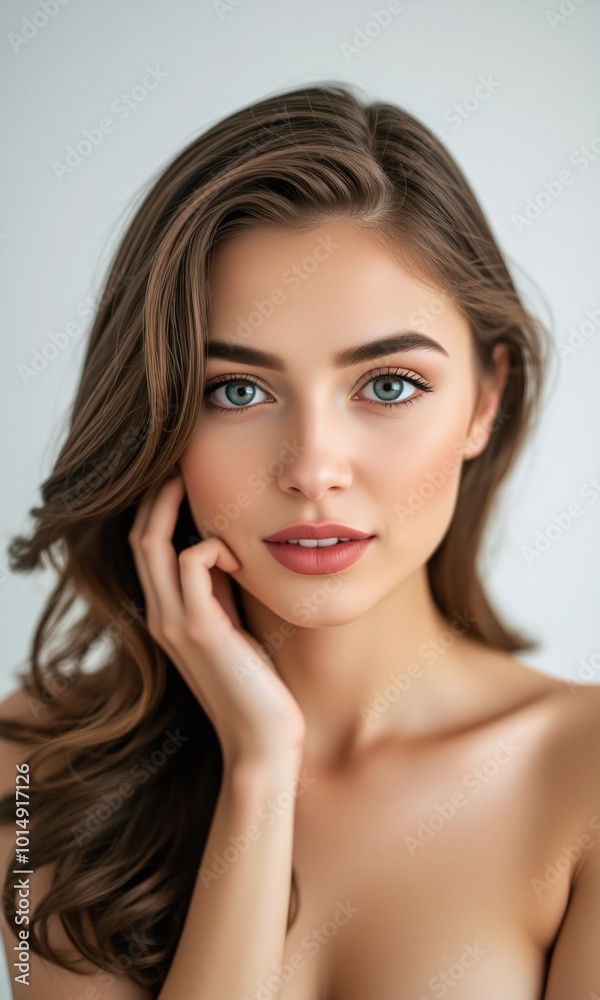 Obraz premium Portrait woman natural makeup contemplative expression pastel studio background