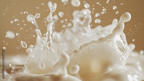 A high-speed shot of milk splashing in a glass captures creamy droplets in dynamic action, set against a soft beige background, evoking a refreshing dairy freshness.