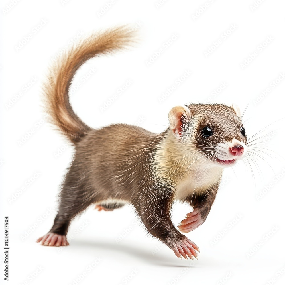A playful ferret running with its tail up, soft fur and sleek body, isolated on white background A playful ferret running with its tail up, soft fur and sleek body, isolated on white background