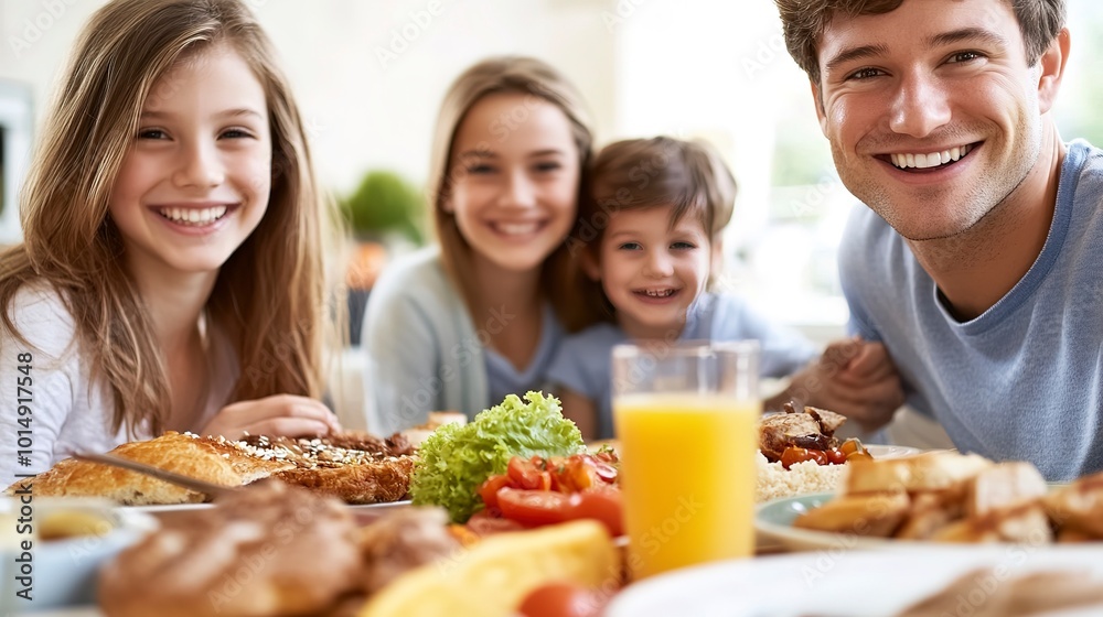 High-detail photo of a family enjoying a healthy breakfast together, smiling around the table High-detail photo of a family enjoying a healthy breakfast together, smiling around the table