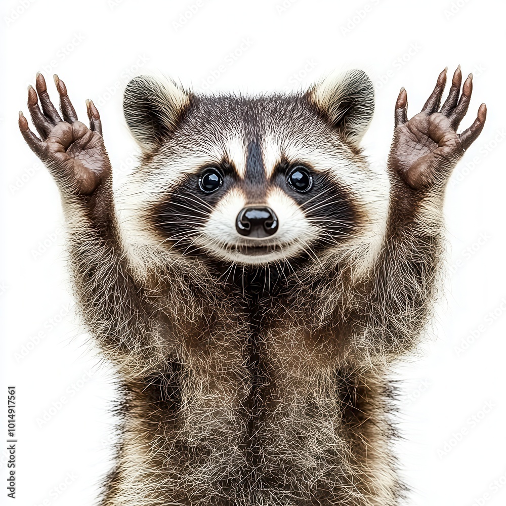 A playful raccoon with its paws up, detailed fur and mask pattern, isolated on white background A playful raccoon with its paws up, detailed fur and mask pattern, isolated on white background