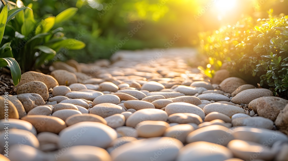 Fototapeta premium A panoramic view of a pebble stone path in a garden showcases smooth rounded stones under soft sunlight, creating a tranquil zen garden aesthetic with natural earthy tones.