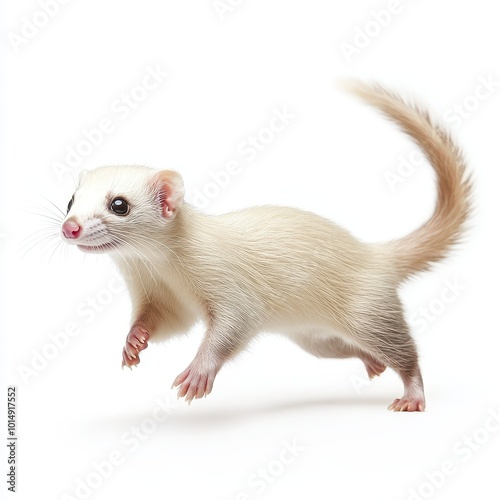 A playful ferret running with its tail up, soft fur and sleek body, isolated on white background