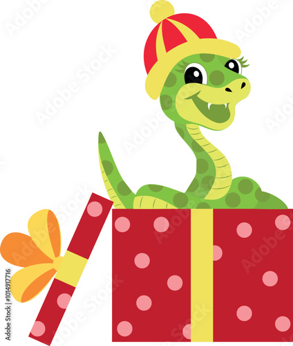 Funny smiling green snake in a box white isolated background. New year of 2025 animal snake symbol. Chinese zodiac snake symbol.
