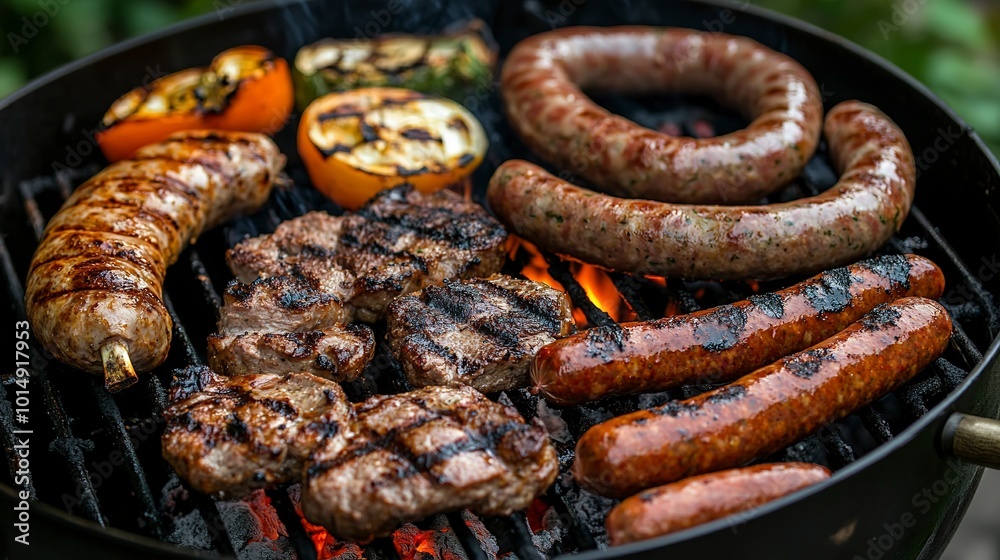 Grilled meat and sausages on the grill with a group of happy friends having dinner party at patio garden fest Grilled meat and sausages on the grill with a group of happy friends having dinner party at patio garden fest