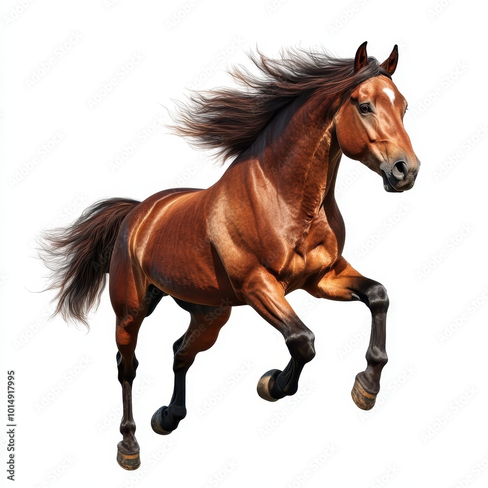 A wild horse galloping, detailed mane and muscular build, photorealistic style, isolated on white background A wild horse galloping, detailed mane and muscular build, photorealistic style, isolated on white background