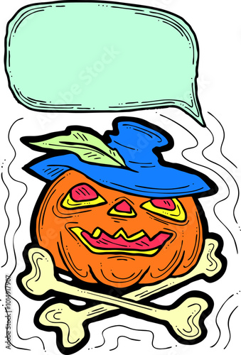 Happy Halloween pumpkin monster with speech bubble. Decorative template for night party invitation, poster print, quotes background. Hand drawn illustration, comic style, cartoon vector character.