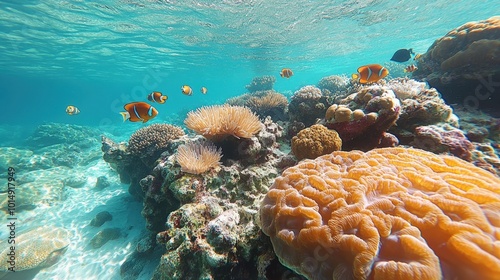 Fototapeta Naklejka Na Ścianę i Meble -  Vibrant coral reef teeming with fish, viewed from a snorkeler's perspective, showcasing the underwater beauty and life 