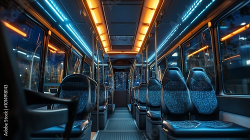  Modern Empty Bus Inside View with Passenger Seats photo