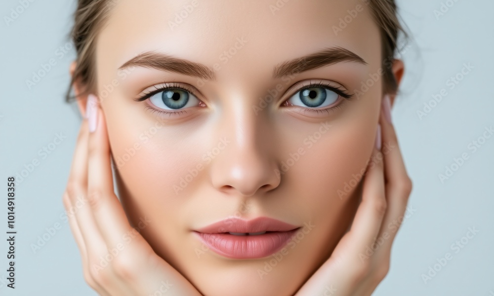 Portrait woman natural makeup contemplative expression pastel studio background Portrait woman natural makeup contemplative expression pastel studio background