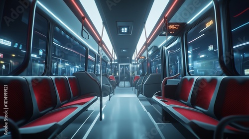  Modern Empty Bus Inside View with Passenger Seats photo