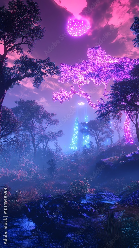 Obraz premium Neon road leading to futuristic city