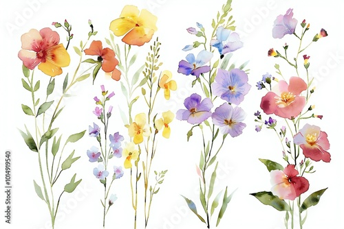 Watercolor sketch of delicate multi-colored types of flowers tulips, dandelions, daisies and others on a white background  , created by ai