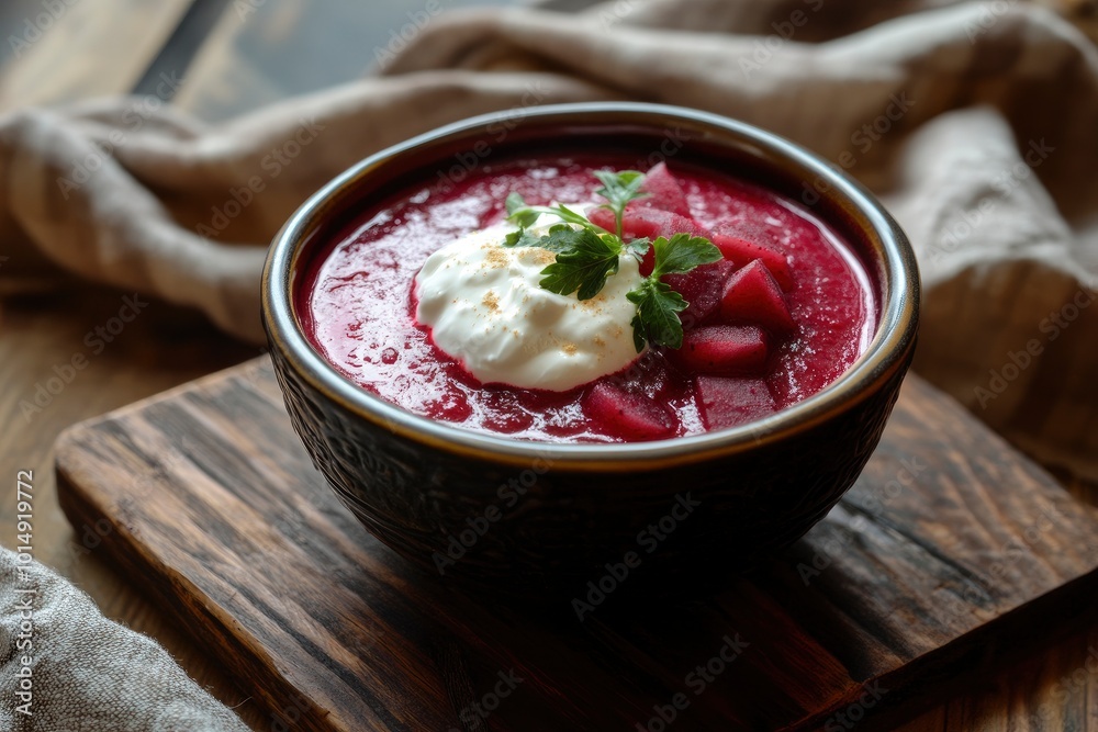 Traditional Ukrainian Russian borscht . Bowl of red beet root soup borsch with white cream . Beet Root delicious soup . Traditional Ukraine food cuisine - generative ai Traditional Ukrainian Russian borscht . Bowl of red beet root soup borsch with white cream . Beet Root delicious soup . Traditional Ukraine food cuisine - generative ai