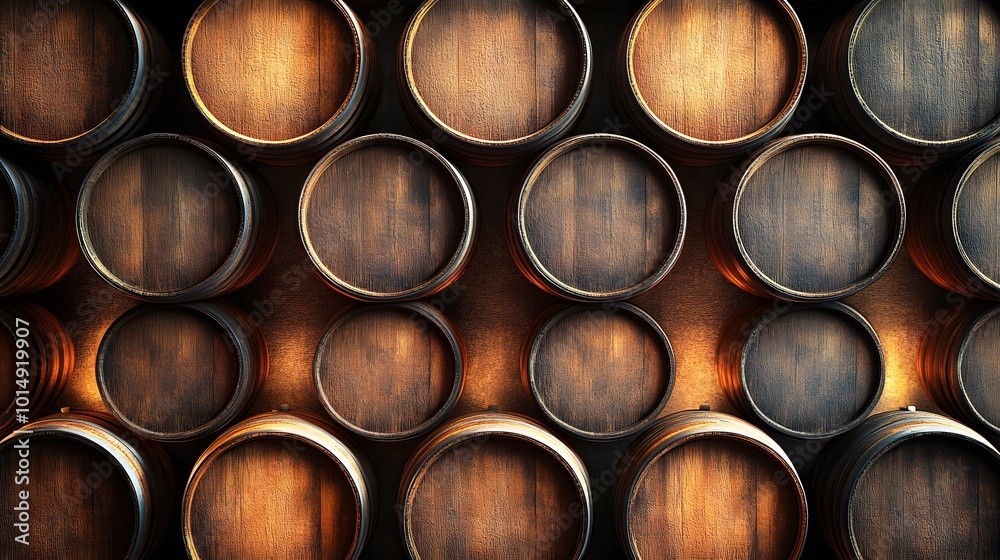 Rows of wooden wine barrels create a rich, artisanal atmosphere in a winery cellar, displaying golden-brown tones and detailed wood grain in a symmetrical arrangement. Rows of wooden wine barrels create a rich, artisanal atmosphere in a winery cellar, displaying golden-brown tones and detailed wood grain in a symmetrical arrangement.